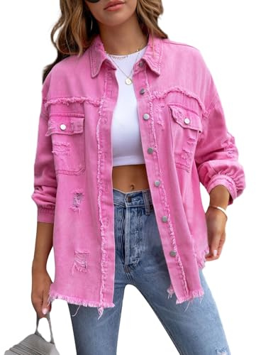 LYSINK Women's Ripped Distressed Denim Jacket Long Sleeve Button Down Boyfriend Jean Coat Trucker Jacket for Spring Autumn (Ba Pink, M)