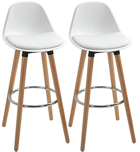HOMCOM Set di 2 Sgabelli da Bar Stile Nordico con Schienale, Coppia di Sgabelli Alti con Cuscino e Poggiapiedi, in Legno e Plastica, Bianco