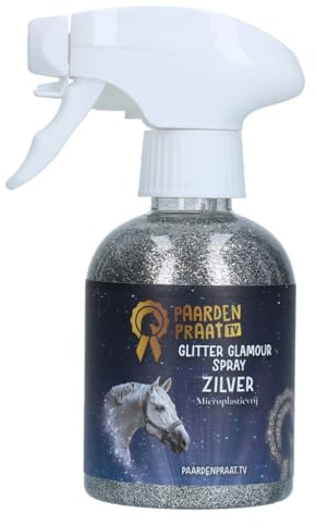 Paardenpraat TV Brillo Glamour Spray – Plata Spray – 250 ml – Glitter – Decoración de pelo para caballos – para pelaje, melena y cola