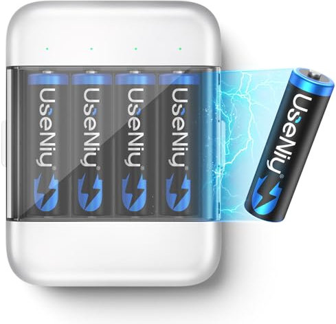 Batería AA de litio 4 unidades con cargador, pilas AA recargables, 3000 mWh de alta capacidad, pilas AA de 1,5 V, batería de iones de litio AA con cargador, [2 en 1] Almacenamiento de carga integrado