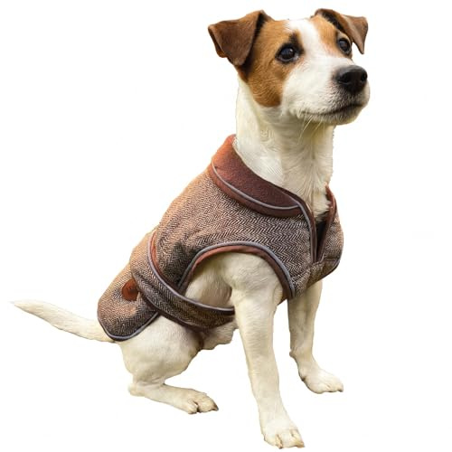 HugglePets Thermal Warm Dog Coat - Small (35cm) Legacy Herringbone Reflective Dog Coats with Zipped Harness Opening, Roll Up Collar, Adjustable Waist & Double Stitched Leg Straps.