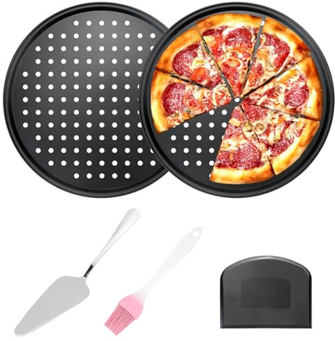 SITAKEGS Lot de 2 plaques à pizza en acier inoxydable antiadhésives avec trous - Poêle à pizza ronde avec pinceau à huile - Plaque de cuisson perforée pour four, barbecue, cuisson, rôti, pizza