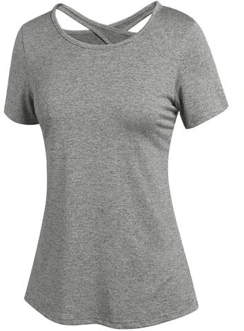 PINSPARK T-Shirt de Sport pour Femme, Haut Fonctionnel à Manches Courtes, Dos Nu, Course, Fitness LéGer, Yoga, Gym