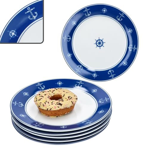 MamboCat AHOI 6er Set Kuchenteller I blau-weiße Porzellan-Frühstücksteller mit nautischen Motiven für 6 Personen I kleine Teller für Salat, Dessert, Fingerfood & Co.