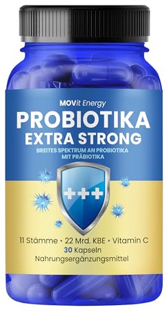MOVit Probiotika EXTRA STRONG, Nahrungsergänzung, 11 Stämme, 22 Mrd. KBE plus Inulin & Vitamin C, Unterstützt Darmflora, Verdauung & Immunsystem, Vegan & familientauglich - 30 Kapseln