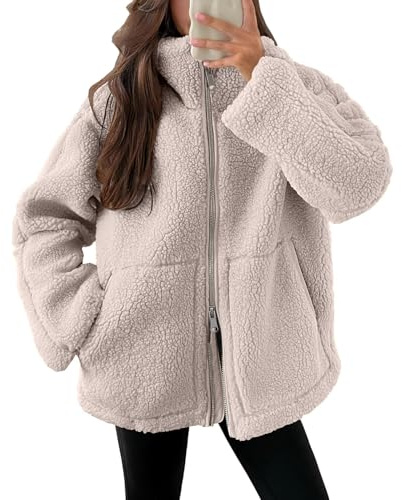 Teddyjacke Damen Fleecejacke Warme Dicke Freizeit Zwei-Wege Reißverschluss Winterjacke Einfarbig Teddyfleece Teddy Jacke mit Taschen und Reißverschluss Wintermantel Herbstjacke Winterjacke Plüschjacke