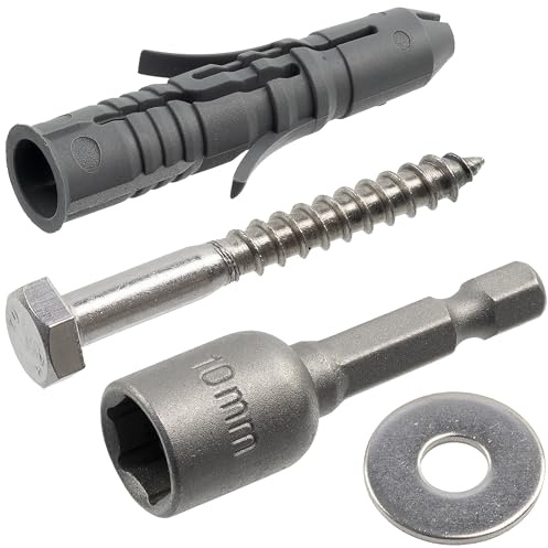 AERZETIX - Kit di 8 tasselli in nylon Ø10x50 mm + 8 viti tirafondo Ø6x50 mm inossidabile A2 + 8 rondelle larghe A2 per vite M6 + 1 bussola esagonale interna 1/4 SW10