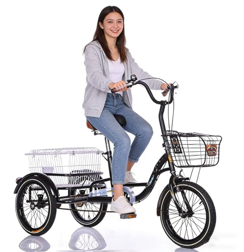 Vuxen Trehjuling Med Kundkorg/Justerbar Sits, 16 Tums Vuxen Trehjuling, Vuxen Trehjuling Seniorer, 3-Hjulig Cykel/Cruisercyklar Trehjuling, Lastkapacitet 150 Kg Black