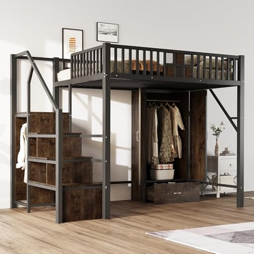 vutizal Cama alta de metal con espacio de almacenamiento, 140 x 200 cm, color negro, XXL espacio de almacenamiento, rejilla de seguridad, somier de láminas, ahorra espacio, ideal para apartamentos de