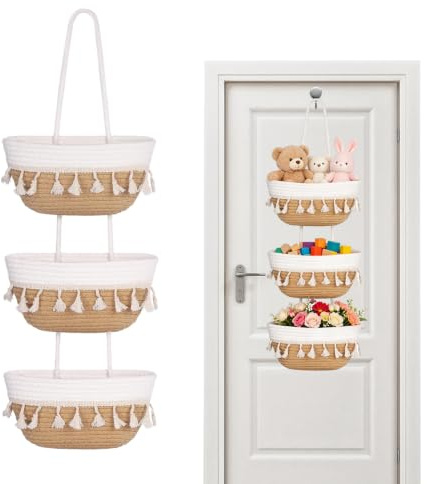 Cesta Colgante Pequeño, Cestas Almacenaje para Dormitorios, Balcones y Baños, Cestas Organizadoras Bohemio, Cesta Colgante de 3 Pisos, 23*11 cm Por Nivel,Cesta de Pared Ahorra Espacio, 1 Unidad