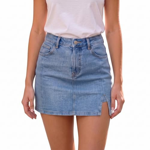 Kideerly Denim Skirt for Women, High WaistSlit Denim Skort Womens UK with Functional Pockets, Matching Denim Safety Shorts Slim Fit Washed Jean Skirts Mini Short