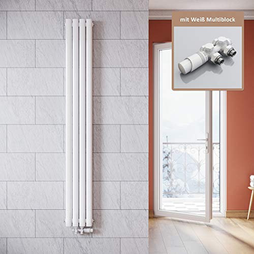 ELEGANT - Radiador vertical tubular para baño, diseño blanco, 1800 x 236 mm, con termostato multibloque, color blanco, doble capa, conexión central