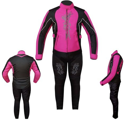 warrior gears Chaqueta de moto con bordado gráfico y pantalón protector con forro térmico mujer, mono de moto con blindaje CE para niña (Rosa, Chaqueta M (10 UK) - Pantalón 10 UK)