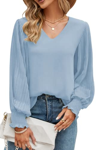 Odosalii Blouses for Women, Casual Long Sleeve V-Neck Ladies Tops Plain Business Work Office Shirts with Stretch Size (Grey Blue,Large)