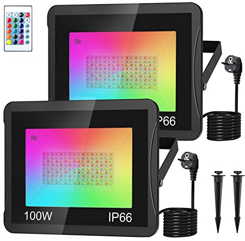 NATPOW LED Strahler Außen, 100W RGB Strahler mit Fernbedienung, LED Fluter Flutlichtstrahler Farbwechsel Scheinwerfer mit 16 Farben 4 Modi, IP66 Wasserdicht Flutlicht für Gärten, Innenhöfe(2 pack)