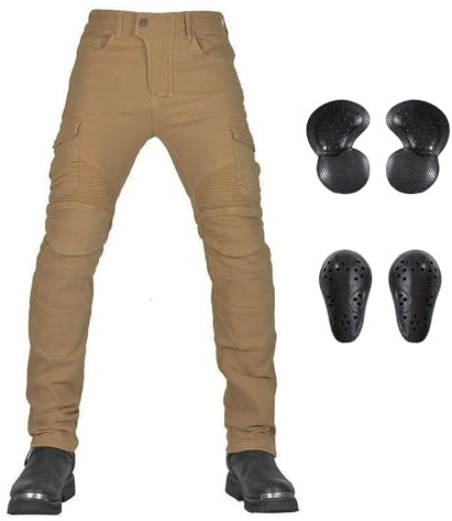 LOMENG Motorcycle Pants Motorbike Riding Denim Jeans Biker Motocross Pants with CE Removable Armored for Men Khaki XL