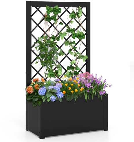 COSTWAY Garden Planter with Trellis, Weather-Resistant Trough Grow Box with Self-Watering Device and Drainage Holes, Indoor Outdoor Raised Garden Bed for Climbing Vine Plant (63 x 31 x 112 cm)