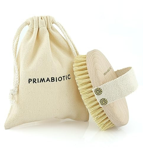 Primabiotic Körpermassagebürste mit Beutel - Ökologisches Produkt aus Europa - Buchenholz & Agavenfasern - Ovaler Griff mit Baumwollband - Ideal für Trockenmassage und Cellulite-Bekämpfung