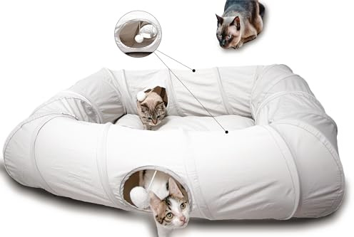 XxingSheep 4 Ways Shuttled XL Cat Tunnel Bed for Indoor Cats Peekaboo Cat Cave Donut with Cool Mat