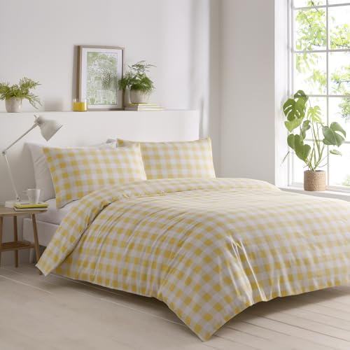 Portfolio Home Gingham Check Yellow Double Soft Easy Care Bed Linen Bedding Duvet Cover Quilt Set With Pillow Cases