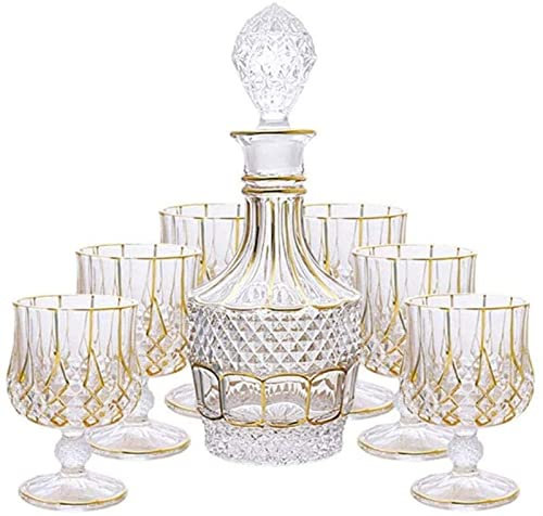 Aioneer Carafe Haut de Gamme Carafe en Cristal Verres en Cristal d'or Bouteille de vin étranger rétro Tasse à vin Rouge Ensemble de vin ménage 700 ML/230 ML Ensemble de 7 pièces Verre à Whisky