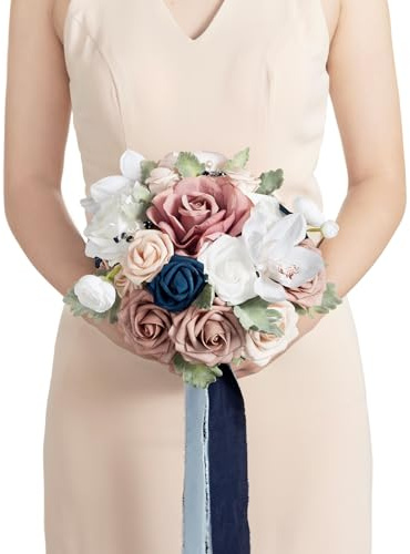 Ling's moment Pink Bridal Bouquet, 9 Inch Dusty Rose & Navy