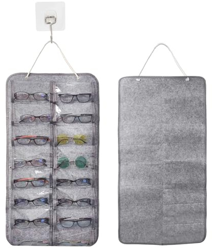 Organizador de Gafas con 16 Compartimentos – Bolsa Colgante de Fieltro Plegable a Prueba de Polvo para Gafas de Sol y Vista – Soporte de Pared para Casa y Viaje, Gris