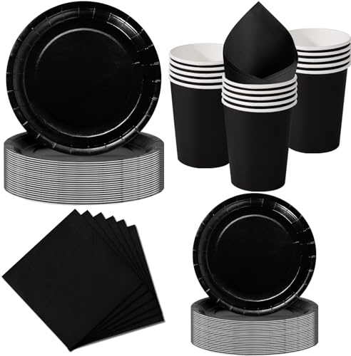 Nkaiso Stoviglie per Feste 50 Pezzi Nero Intenso, 10 x 23cm & 10 x 18cm Piatti di Carta, 10 Tazze, 20 Tovaglioli - Per Compleanno Festa Adulti, Matrimonio, Halloween -10 Ospiti