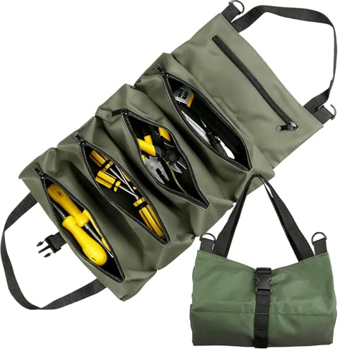 Tool Roll Bag Canvas Small Tool Bag Multi-Purpose Tools Box Organiser with 5 Zip Pockets Chisel Spanner Roll Ideal for Craftsmen Plumbers and Electricians Armygreen