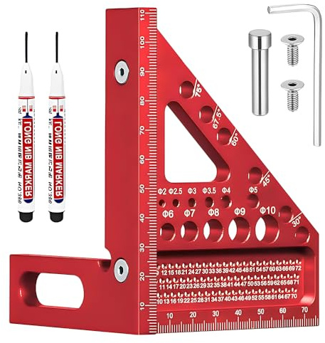 HOVCEH 3D Carpenter Square, 22.5-90° Carpenters Square, Woodworking Square With 2 Woodworking Pens, Speed Square for Precise Marking & Drawing Lines(Red)