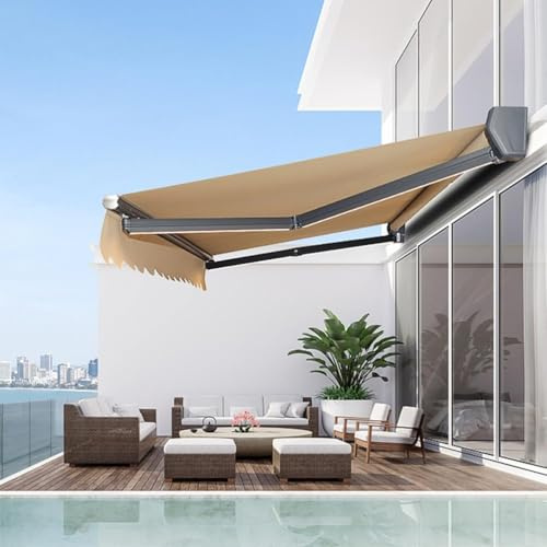 Motorized Retractable Patio Awning - Waterproof Fabric for Outdoor Spaces with Curved Arm Design, Perfect for Yards and Balconies
