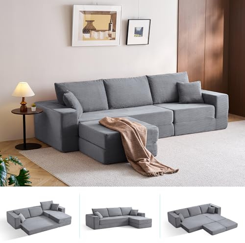 LINSY HOME Ecksofa mit Schlaffunktion - Bodensofa Bed mit Pillow Back Support Armrest - Schlafsofa Klappbar - Compressed Sofa in Box - Cord Stoff für Wohnzimmer Schlafzimme (Grau)