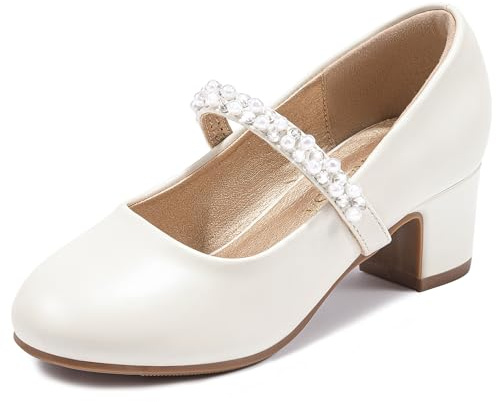 LAURMOSA Dress Shoes for Girls Heels Size 1 Ivory Flower Girl Shoes for Wedding Pearls Mary Janes for Girls High Heels for Kids Easter Pumps First Communion Church Party Big Kid Flats (L1039PUIvory 1)