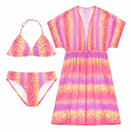 Ensemble Maillot de Bain 3 Pièces Fille, Bikini avec Coverup pour la Natation, Maillot de Bain Deux Pièces avec Coverup pour Fille de 4 à 16 Ans