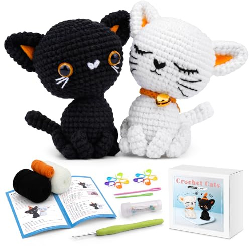 BUOKKON Crochet Kit for Beginners Adults, Crochet Animal Kit | 2PCS Cat Crochet Starter Kit Knitting Kit for Adults with Yarn, Video Tutorials, Easy Crocheting for Adults Craft
