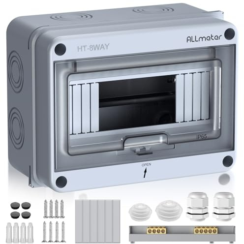 ALLmeter Caja de Distribución Eléctrica ABS IP65 de 8 Vías con Carril DIN | Cuadro Eléctrico Mural con Tapa PC Ignífuga, Preperforaciones Laterales, Accesorios Completos y Certificado CE para Exterior