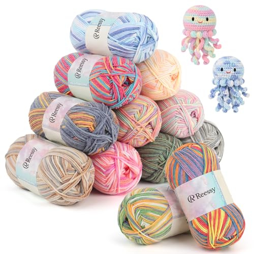 Reessy Crochet Yarn, 12×50g Gradient Yarn Double Knitting Wool, Soft 4 Ply Acrylic Yarn for Crochet Knitting and Crafts, 600g Multicoloured Crochet Yarns for Amigurumi Projects Handcraft