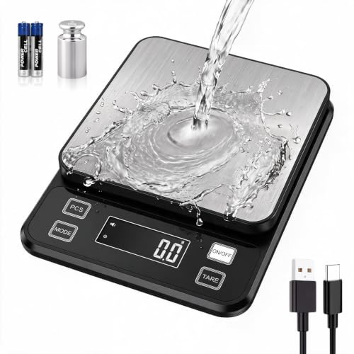Precision Digital Kitchen Scale 5kg/0.1g - Rechargeable Food Scale with LCD Display, Tare & Hold Function, 10 Units & Calibration Weight, IPX7 Waterproof Electronic Scales for Baking Cooking Coffee