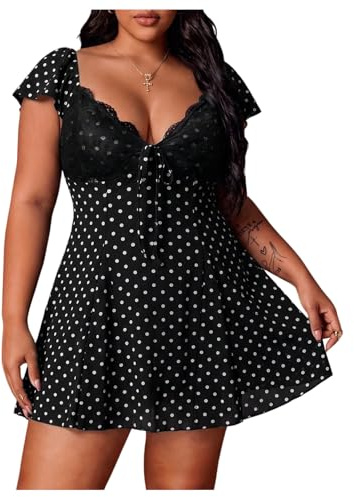 GORGLITTER Women's Lace Skater Short Dresses Plus Size Ruffle Mini Dress | Polka Dots Print, Sweetheart Neck, Cap Sleeve, A Line Dress Plus Size for Date Party Going Out