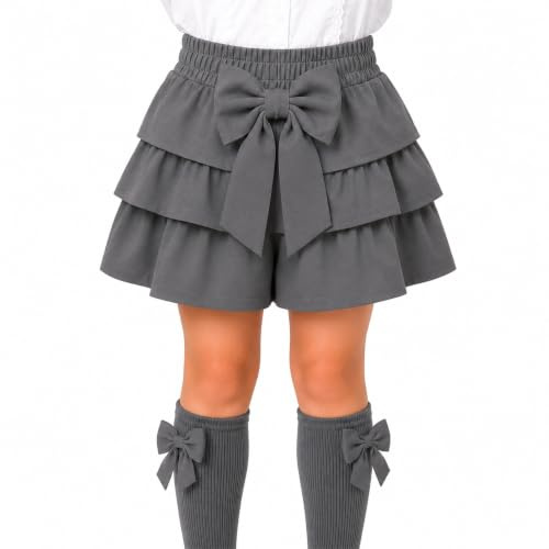 Girls Boutique School Skort Shorts with Bow | Layered Ruffle School Uniform Shorts | Soft Comfortable Elastic Waist | Ages 4-12 Years (Grey, 6 Years)