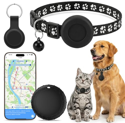 GPS Gatos, Localizador GPS Perros, Posicionamiento Global en Tiempo Real, GPS Perros/Gatos Sin Suscripción, Compatible con Sistemas iOS y Android, Collar Ajustable, Resistente al Agua IPX6 - Negro