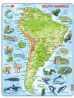 Larsen A25 South America Jigsaw Puzzle Topographic Map, English Edition, for Children & Adults - 65 Pieces | Educational & Fun Puzzle | Boxless Tray & Frame Included