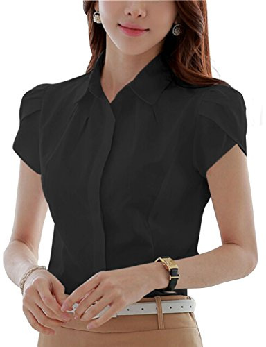 Women's Cotton Basic Button Down Shirt Short Sleeve Pleated Blouse Black UK 8