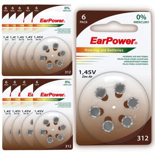 EarPower - Lote de 10 Placas de 6 Pilas - 60 Pilas para Aparatos Auditivos y Audífonos - Sin Mercurio - PR41 - Zinc-Aire -1,45 V - Tamaño 312 - A312 y P312