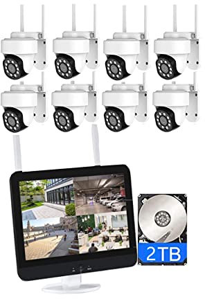 XNASU Kit de cámaras de Seguridad inalámbricas WiFi de 8 Canales PTZ con Monitor, Sistema de cámara NVR doméstico de 3MP con Audio bidireccional, visión Nocturna en Color, con Disco Duro 2T