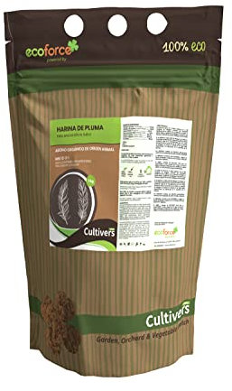 CULTIVERS Harina de Pluma 1 kg. NPK 12-2-1. Abono orgánico para plantas con alto contenido en Nitrógeno. Huertos, arboles florales/frutales y plantas ornamentales