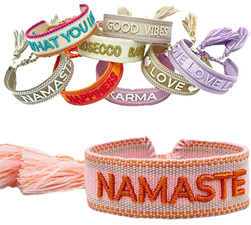 LS-LebenStil Exklusives Statement Armband - das Original - Namaste Rosa Orange 16-20cm Quasten besticktes Boho Canvas Webarmband Damen Freundschaftsarmband Geschenk gewebt textil Stoffarmband