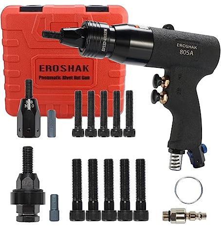EROSHAK Pneumatic Rivet Nut Gun 3/8, 1/2 Self-Locking Head Gun with Replacement Mandrels, Industrial Grade Adjustable Speed Pull Rivnut Tool Kit MODEI:805A Button Switch…