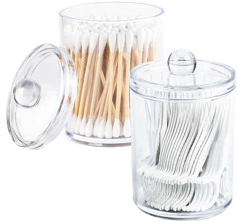 Emlim Clear Bathroom Organizer with Lid - 2-Pack Cotton Ball and Cotton Swab Storage Tins for Vanity Storage