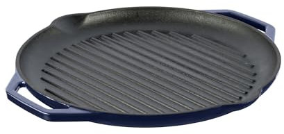 GRAND FEU Poêle à griller en fonte avec poignées profilées - Poêle à steak ronde Convient à tous les types de cuisinières, cuisinières à gaz, fours, gril à gaz - Ø34cm, Bleu